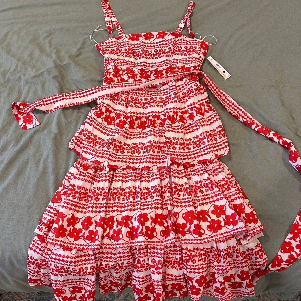 Aqua Bloomingdale’s brand red and white midi ruffle tier dress